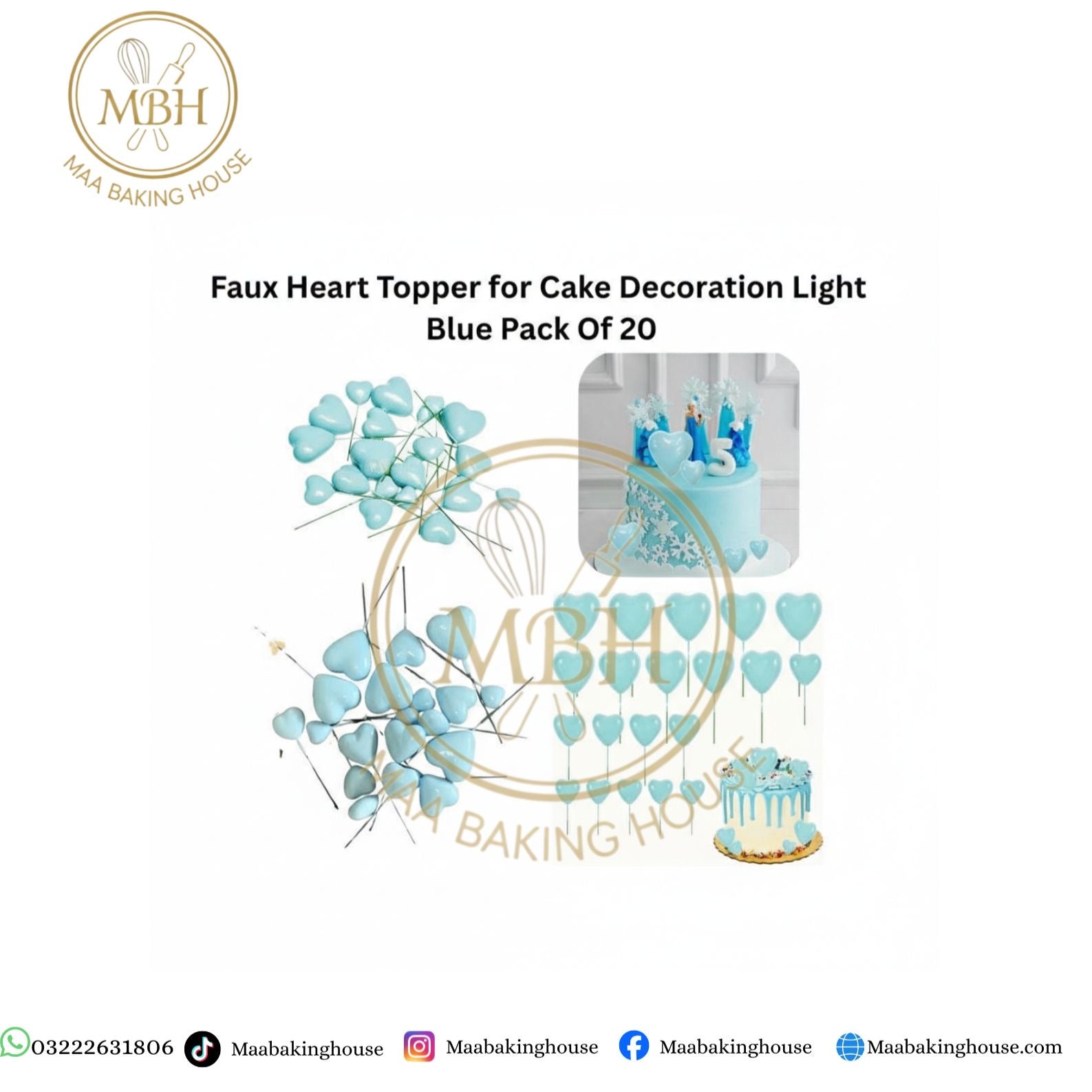 Faux Heart Topper for Cake Decoration Light Blue Pack Of 20