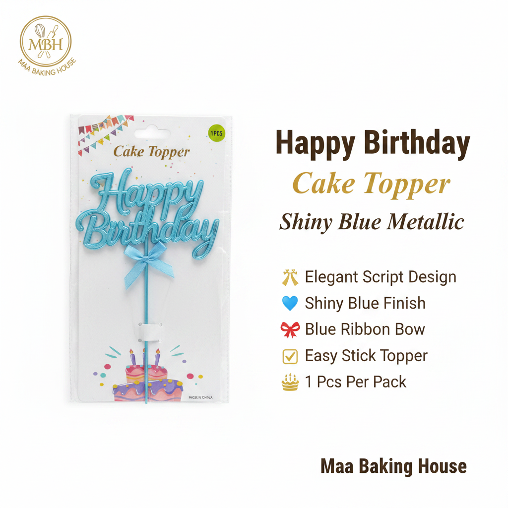 Happy Birthday Cake Topper – Shiny Blue Metallic