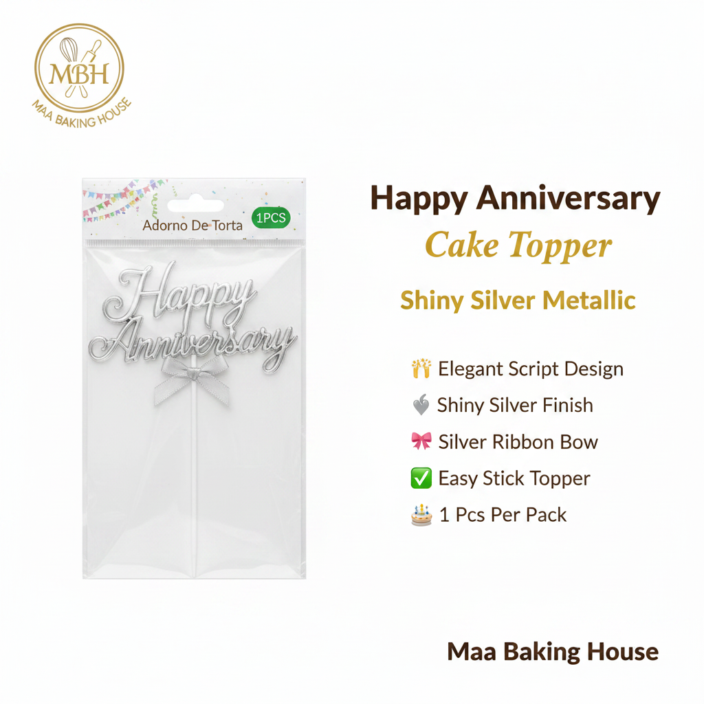 Happy Anniversary Cake Topper - Shiny Silver Metallic