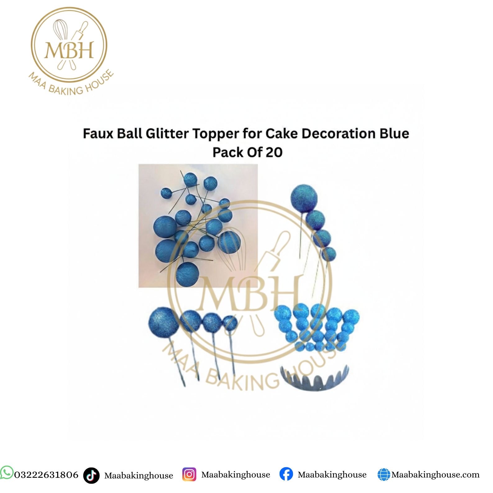 Faux Ball Glitter Topper for Cake Decoration Blue Pack Of 20
