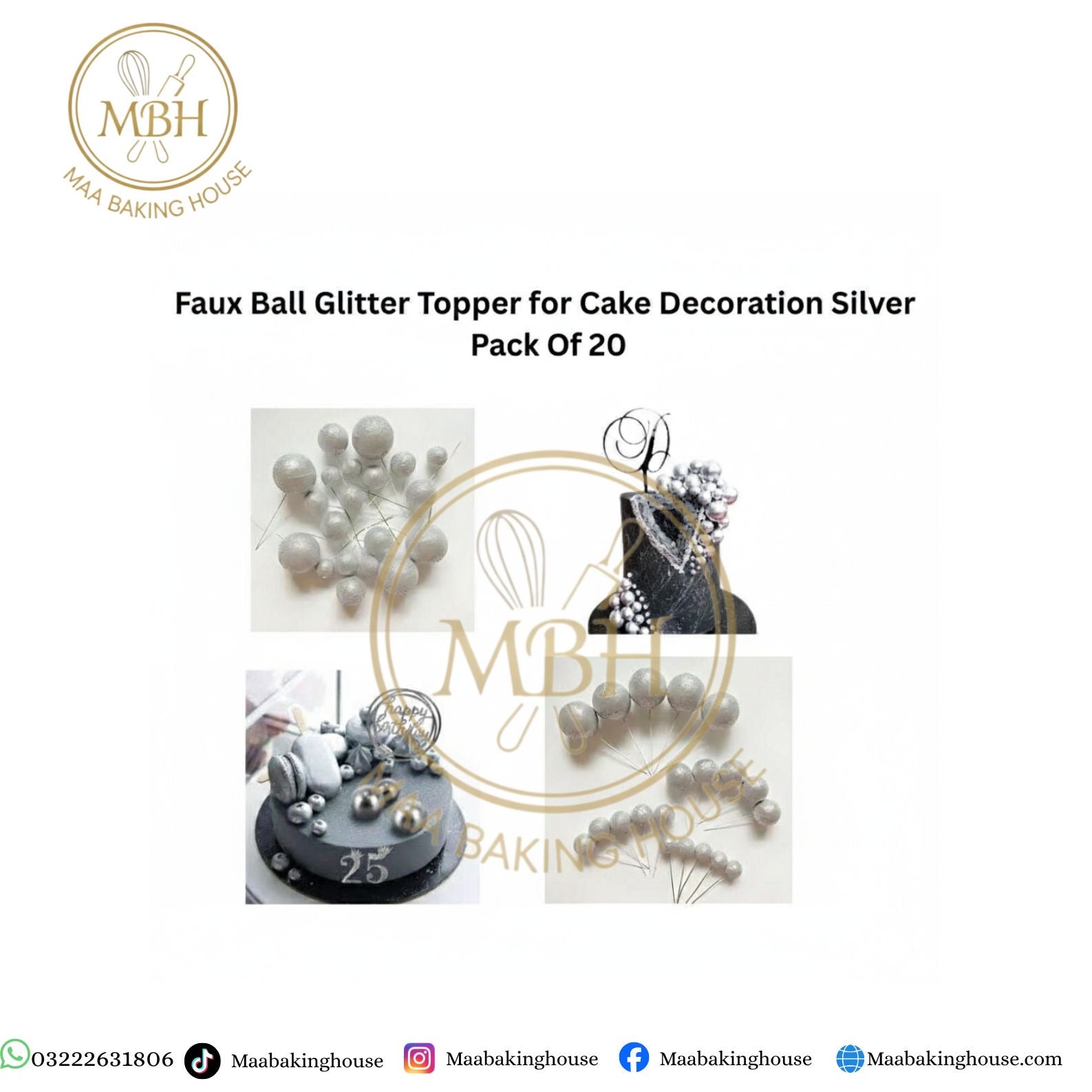 Faux Ball Glitter Topper for Cake Decoration Silver Pack Of 20
