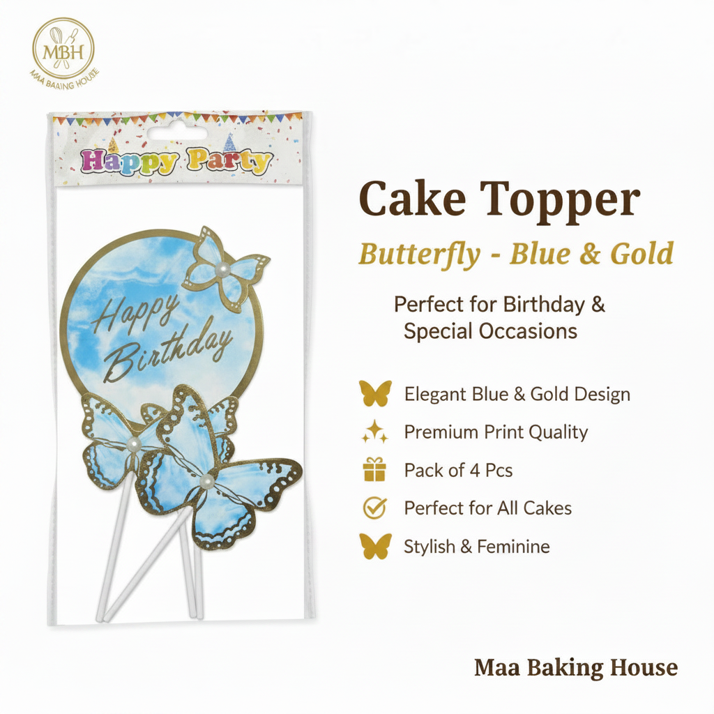 Happy Birthday Cake Topper - Butterfly Blue & Gold Pack of 4