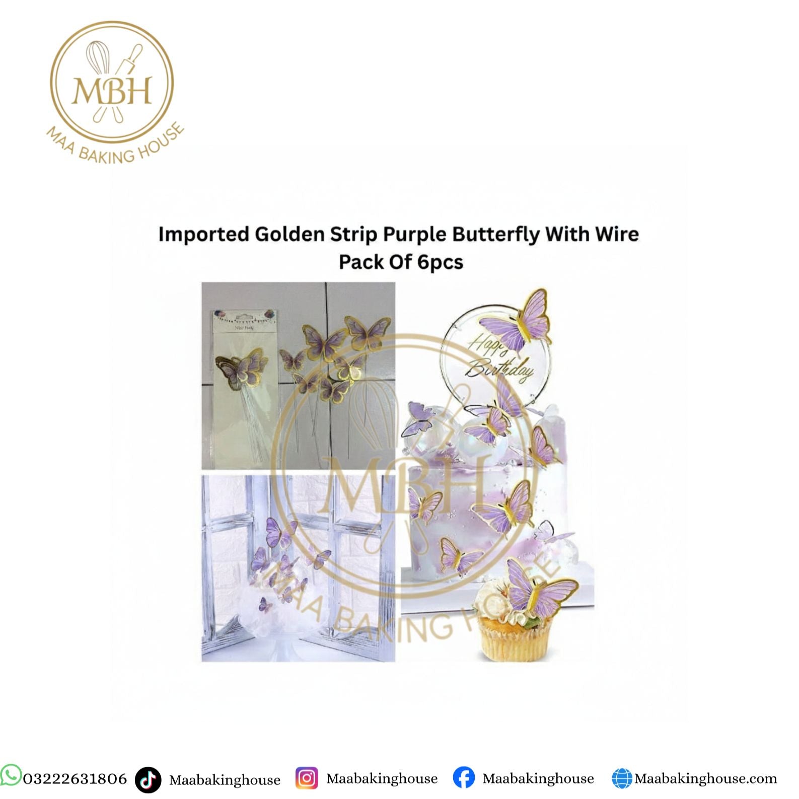 Imported Golden Strip Purple Butterfly With Wire Pack Of 6pcs