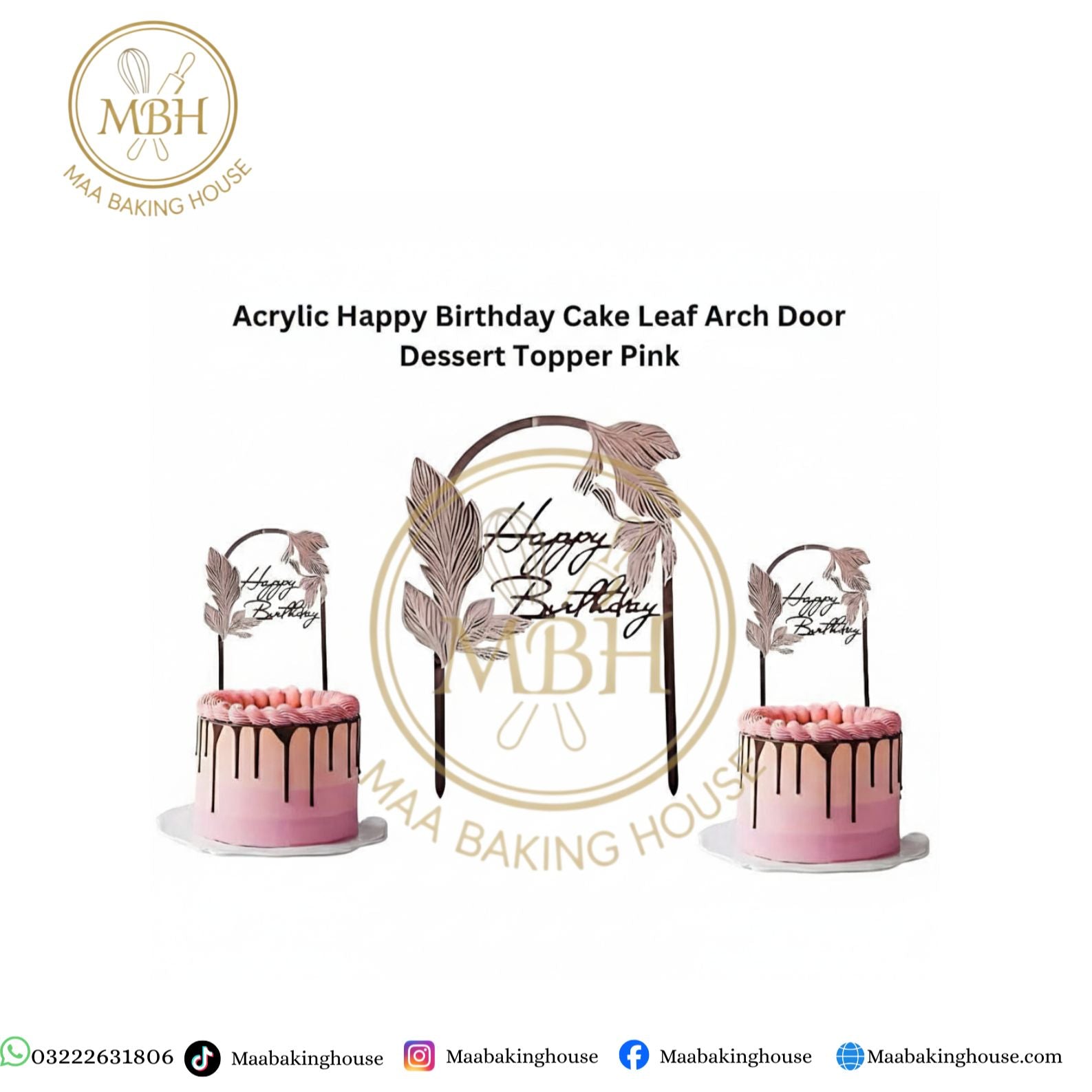 Acrylic Happy Birthday Cake Leaf Arch Door Dessert Topper Pink