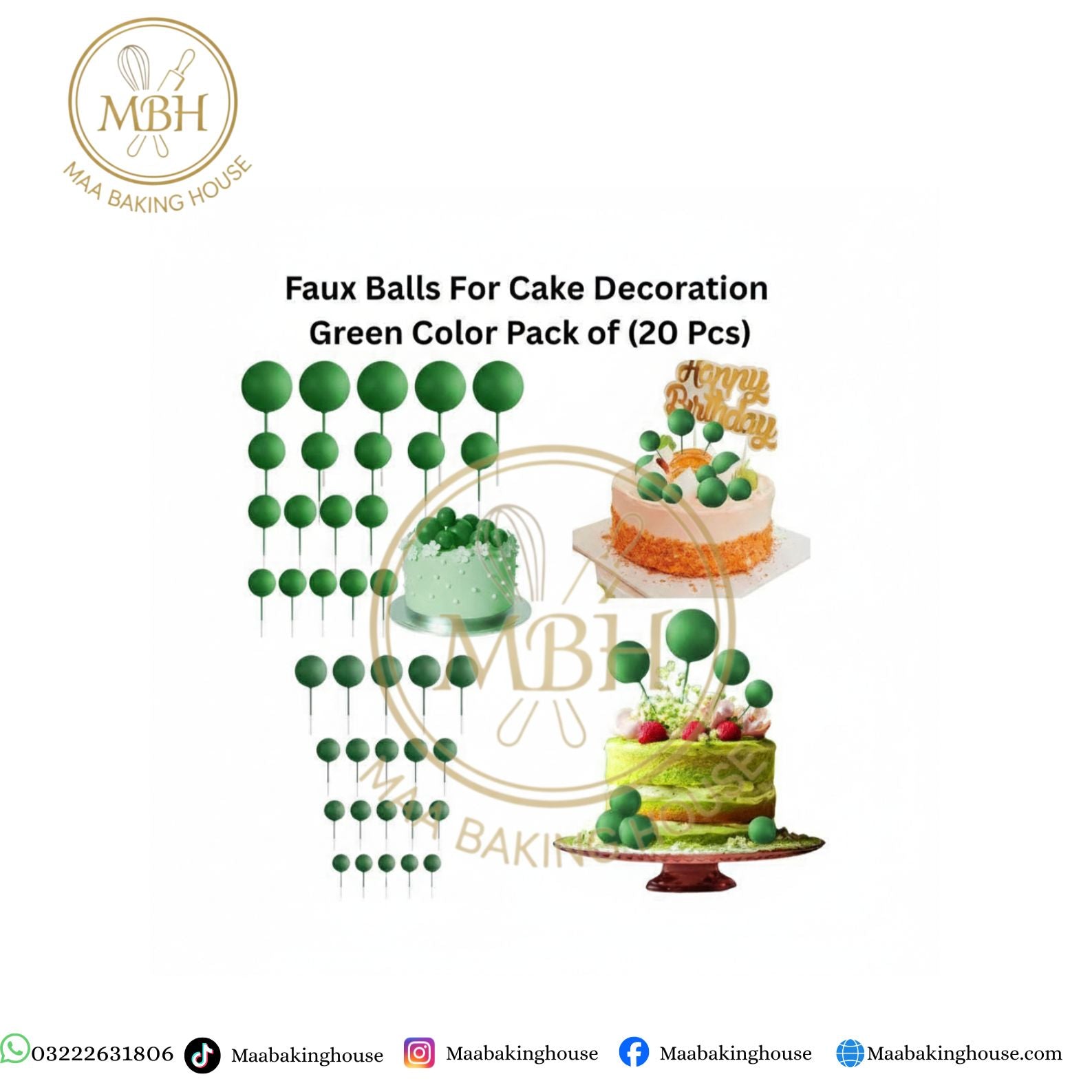 Faux Balls For Cake Decoration Green Color Pack of (20 Pcs)