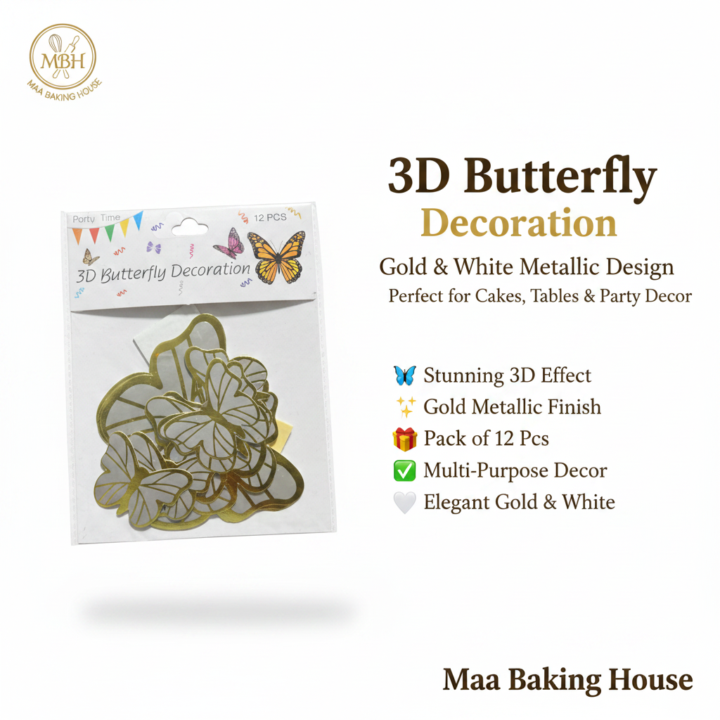 3D Butterfly Decoration - Gold & White Metallic Design Pack of 12