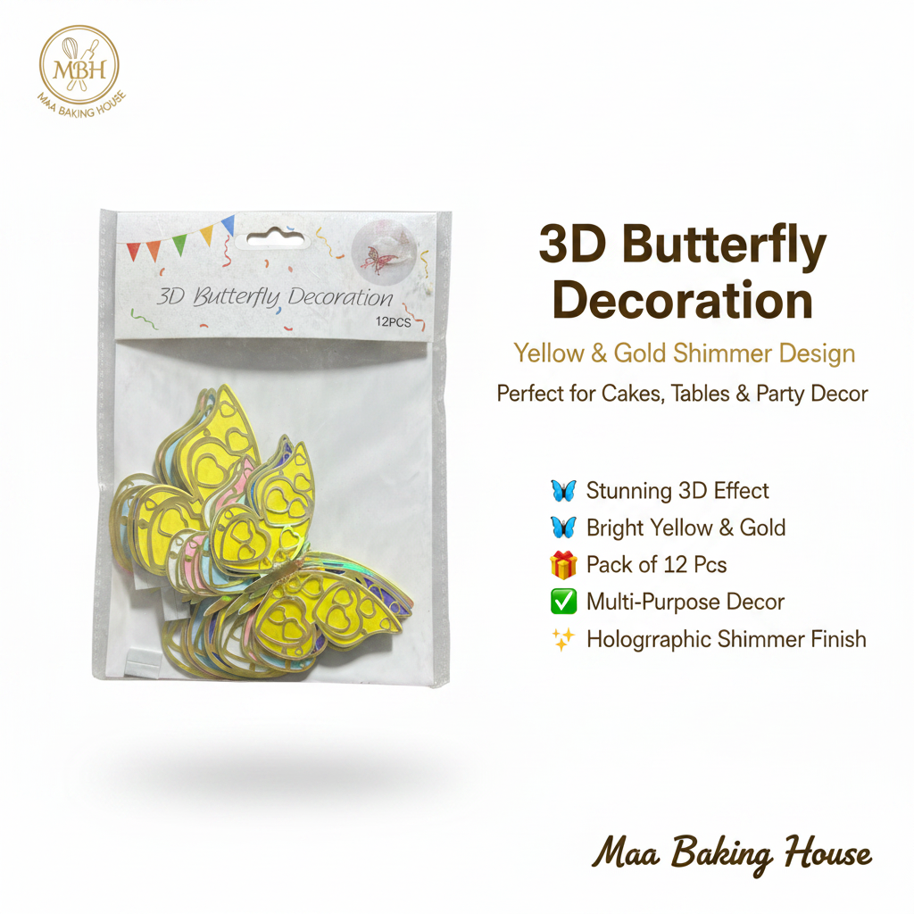 3D Butterfly Decoration - Yellow & Gold Shimmer Pack of 12