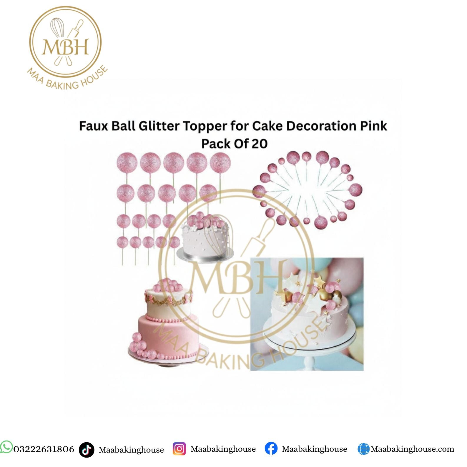 Faux Ball Glitter Topper for Cake Decoration Pink Pack Of 20
