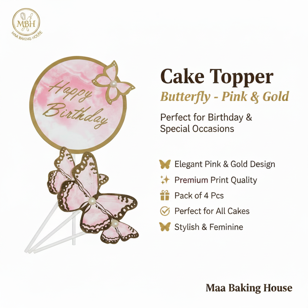 Happy Birthday Cake Topper - Butterfly Pink & Gold Pack of 4