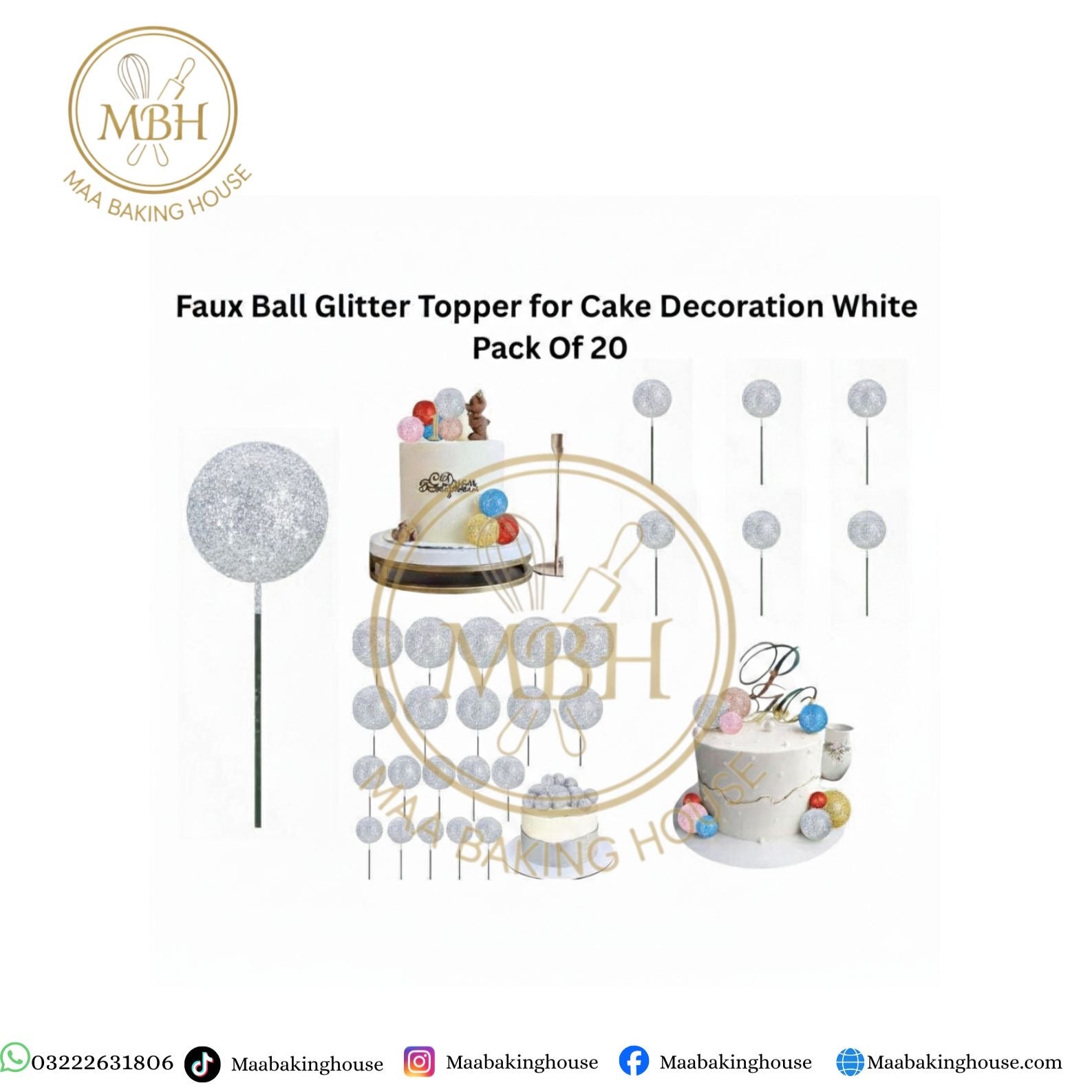 Faux Ball Glitter Topper for Cake Decoration White Pack Of 20