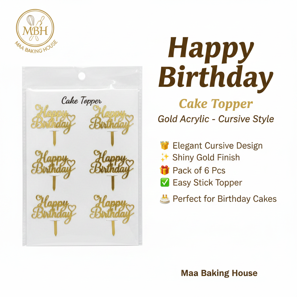 Happy Birthday Cake Topper - Gold Acrylic Cursive Style
