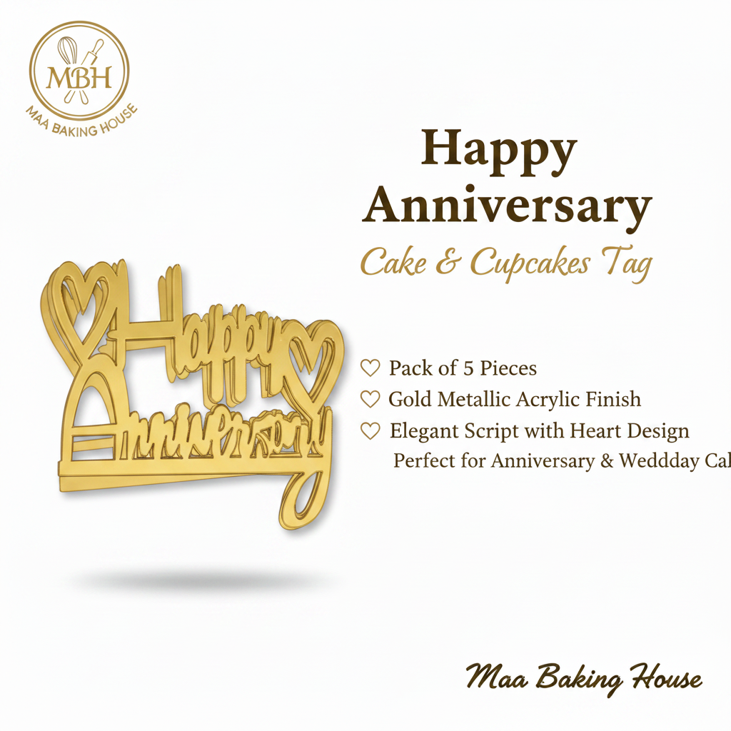 Happy Anniversary Cake & Cupcakes Tag – Gold Acrylic Heart Design