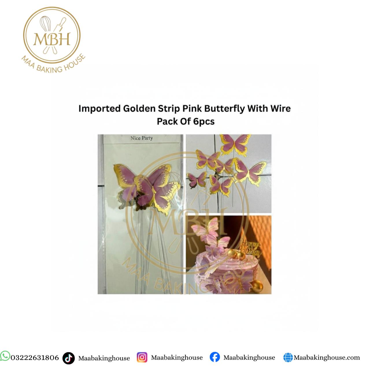 Imported Golden Strip Pink Butterfly With Wire Pack Of 6pcs