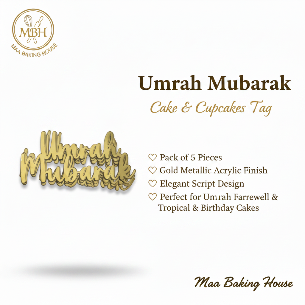 Umrah Mubarak Cake & Cupcakes Tag – Gold Acrylic Script