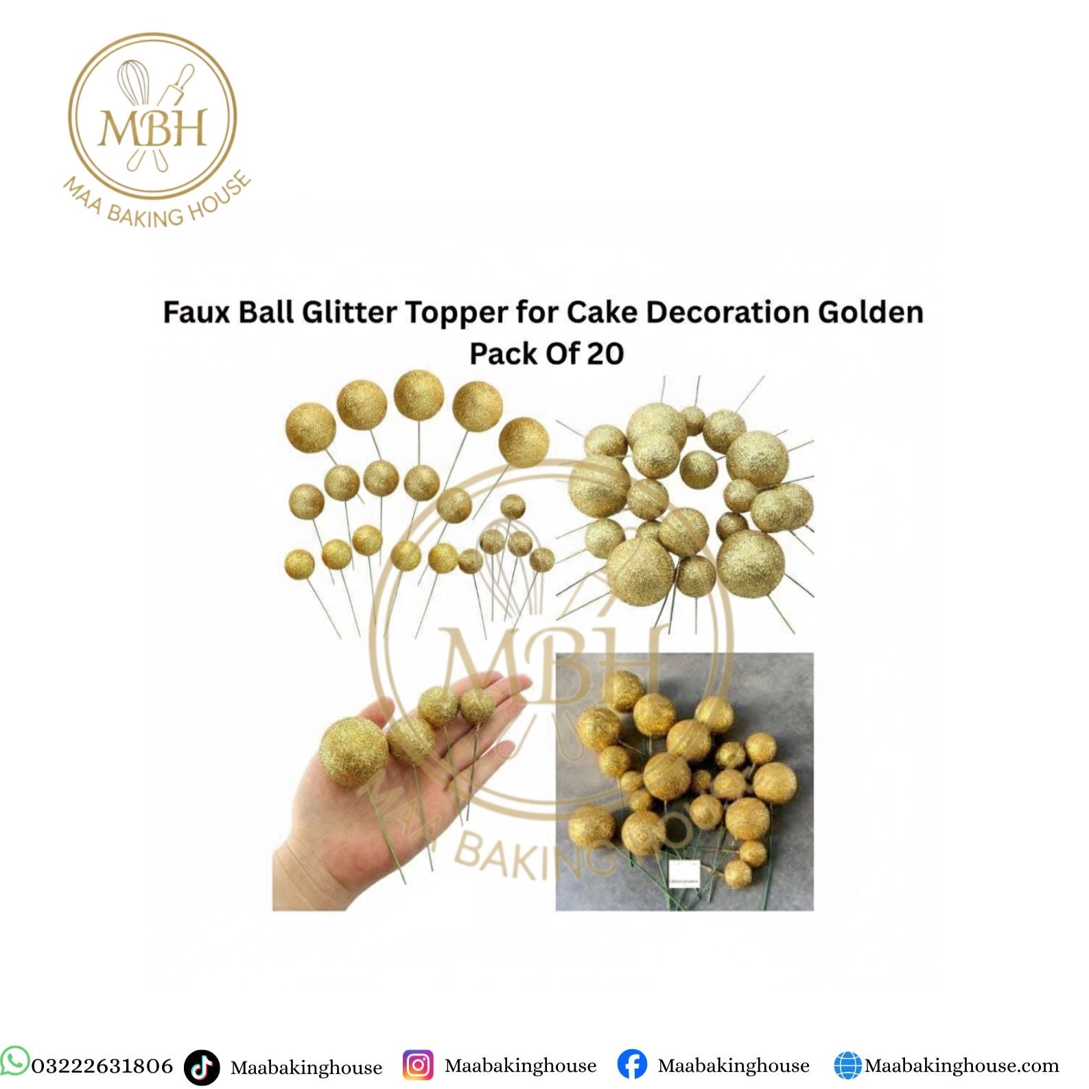 Faux Ball Glitter Topper for Cake Decoration Golden Pack Of 20