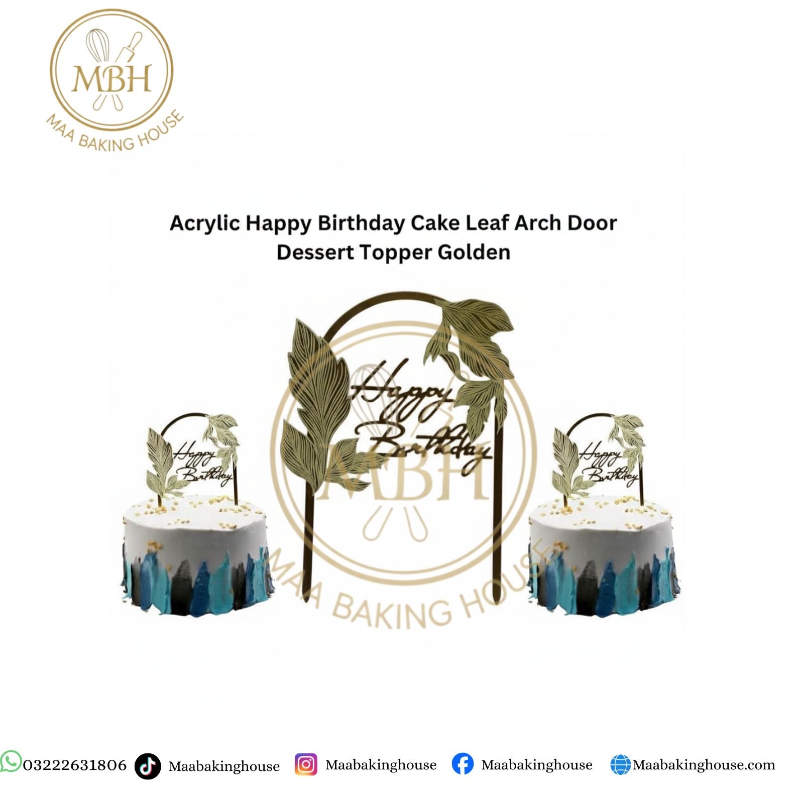 Acrylic Happy Birthday Cake Leaf Arch Door Dessert Topper Golden