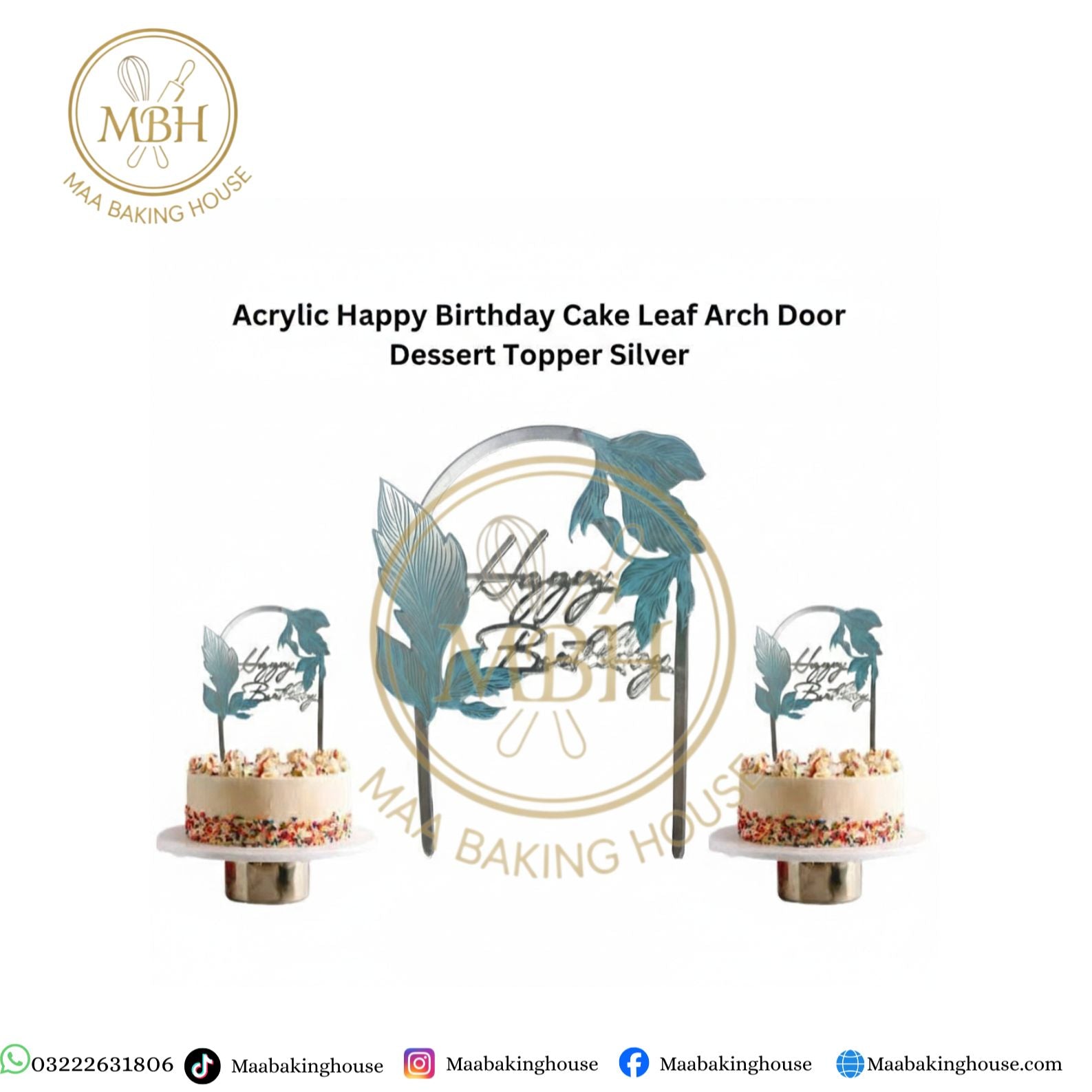 Acrylic Happy Birthday Cake Leaf Arch Door Dessert Topper Silver