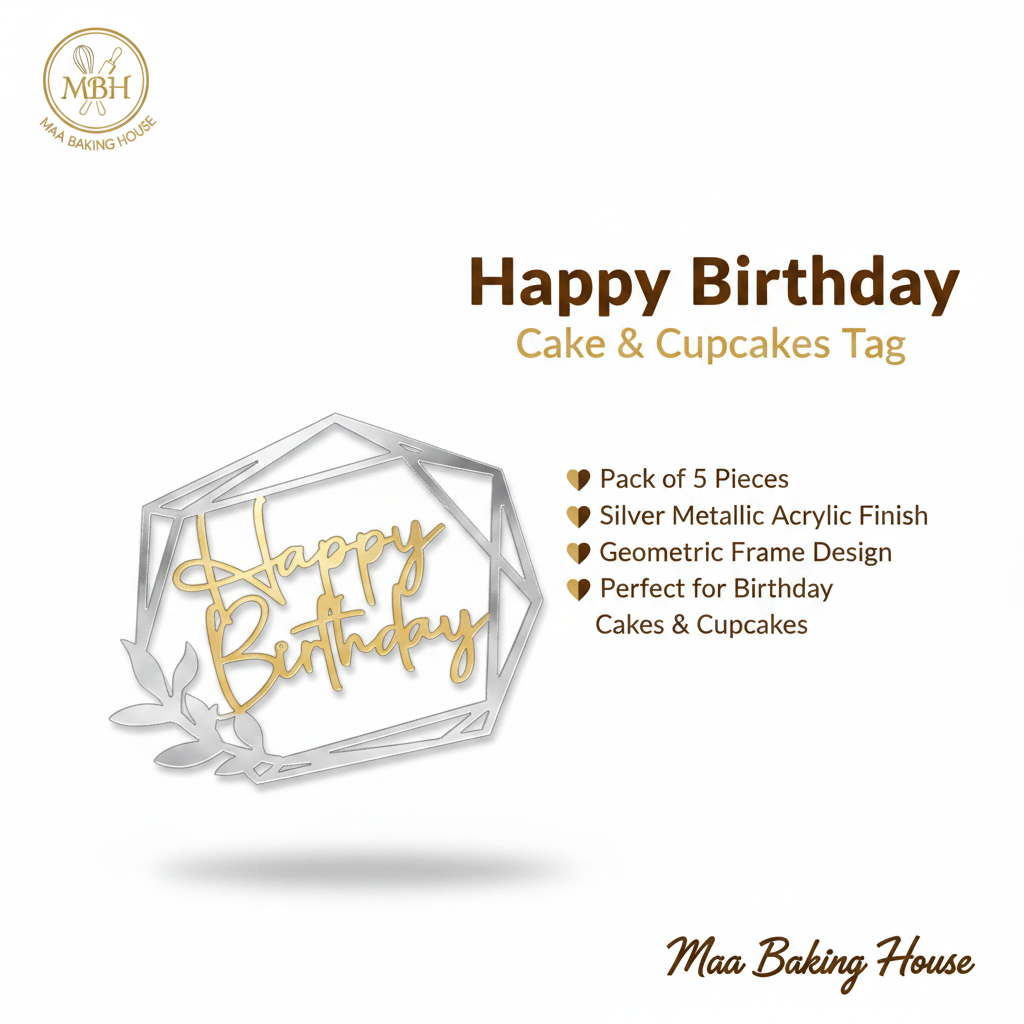 Happy Birthday Cake & Cupcakes Tag – Silver Geometric Frame