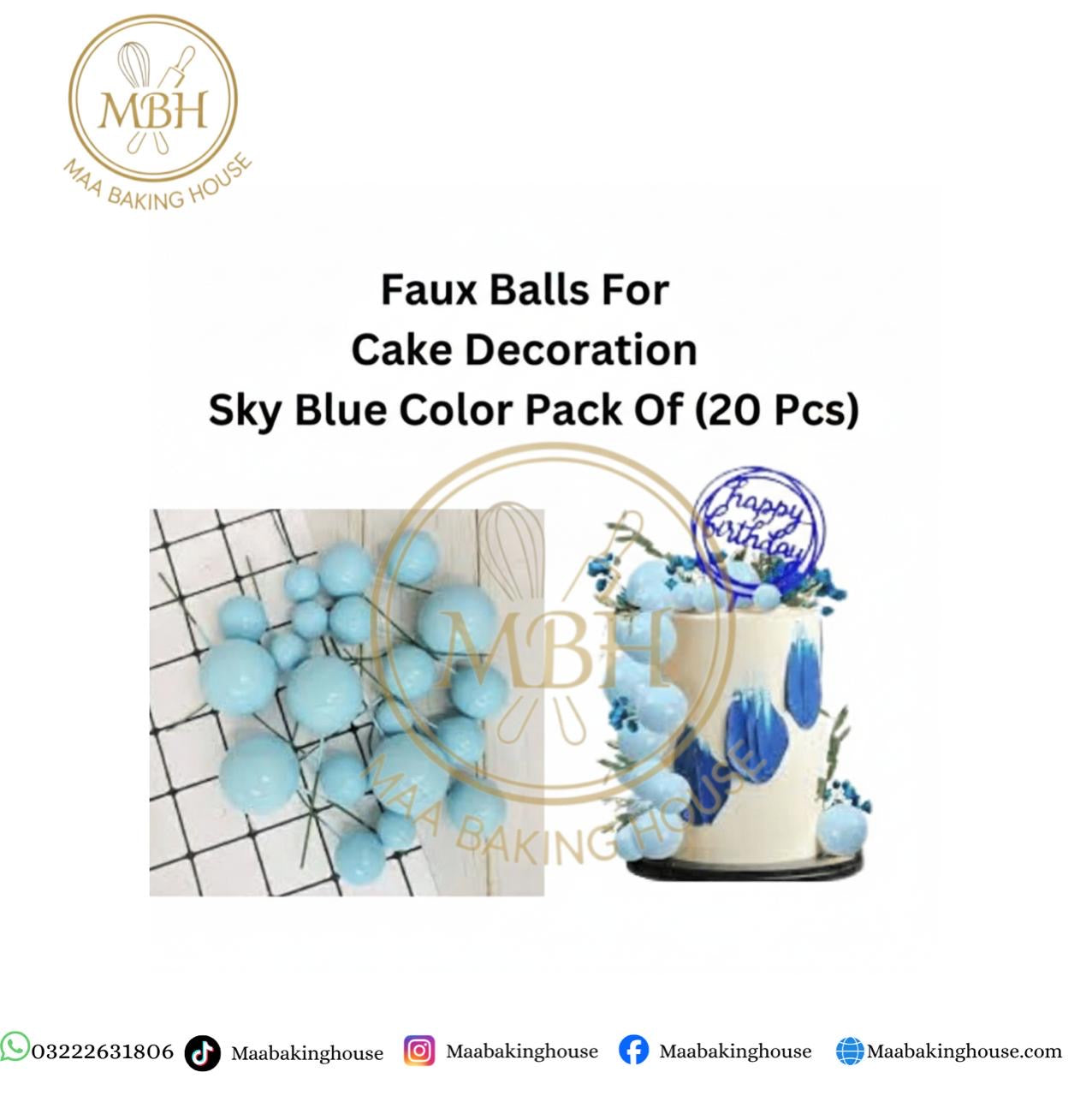 Faux Balls For Cake Decoration - Sky Blue Color Pack (20 Pcs)