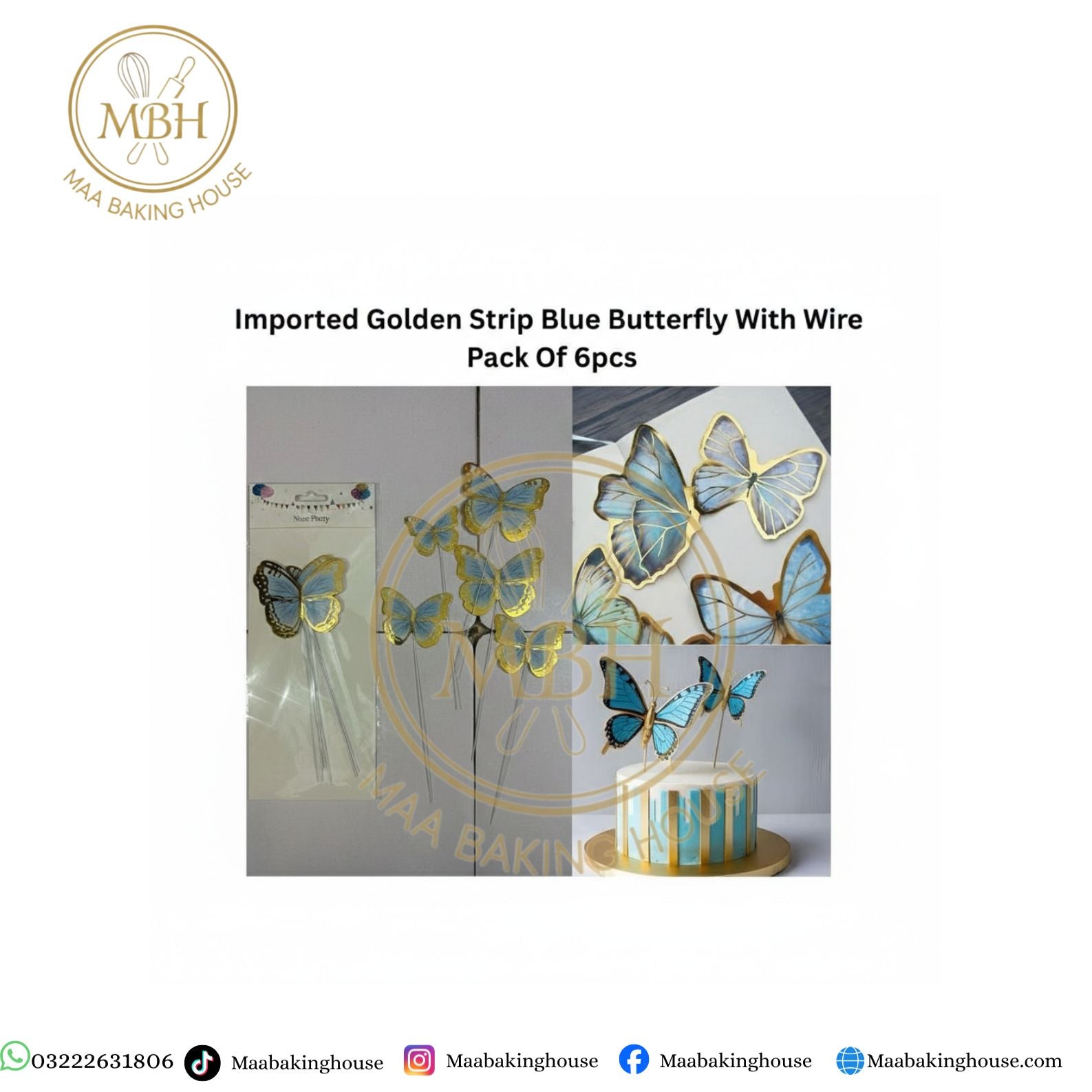 Imported Golden Strip Blue Butterfly With Wire Pack Of 6pcs