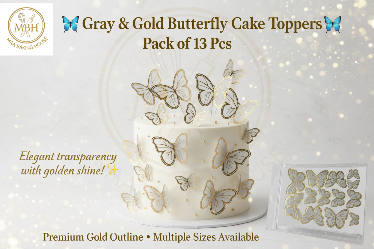 Gray & Gold Transparent Butterfly Cake Toppers – Pack of 13 Pcs