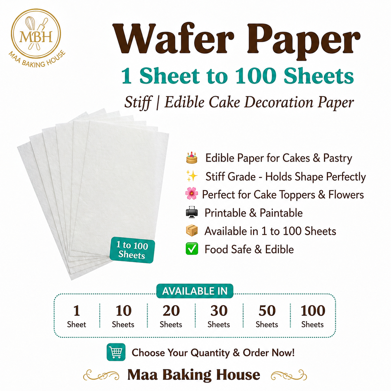 Wafer Paper Stiff - 1 to 100Pcs Pack | Edible Cake Decoration Paper