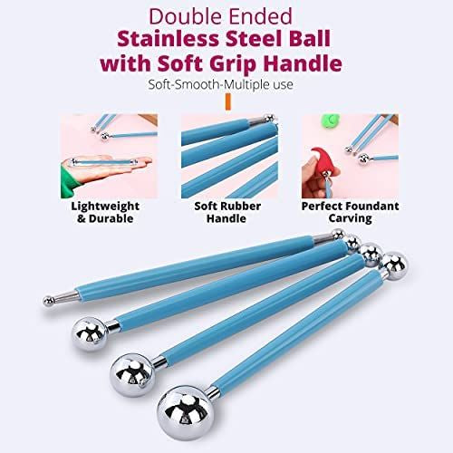 4 blue handle double-ended stainless steel fondant ball tools different sizes