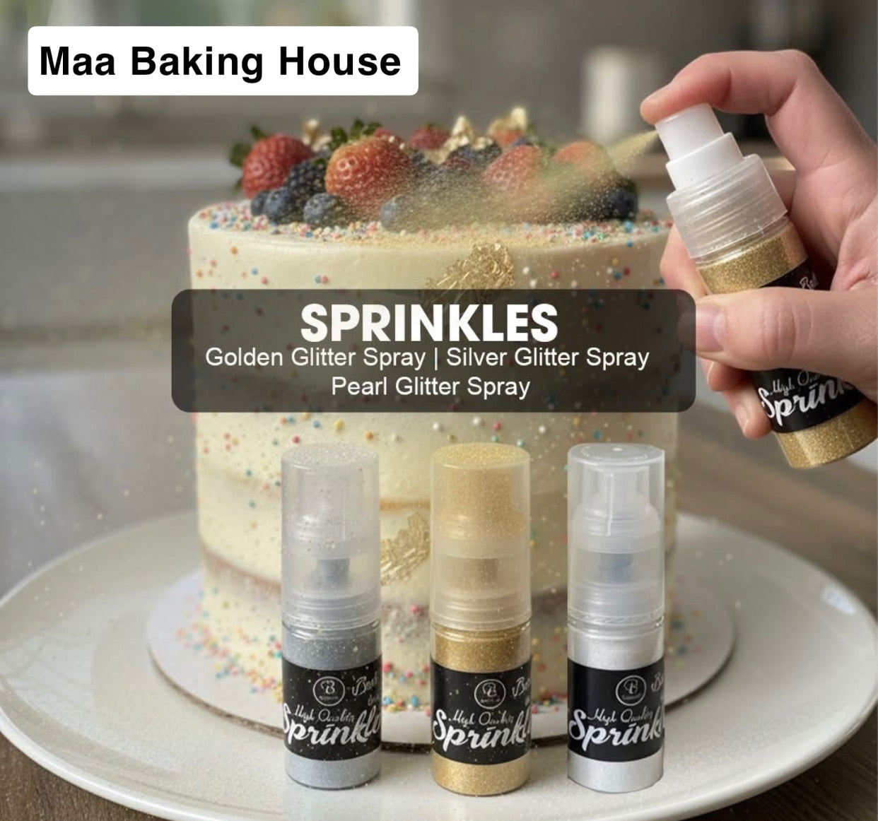 Edible Glitter Spray Sprinkles - Gold, Silver, & Pearl Cake Shimmer Spray