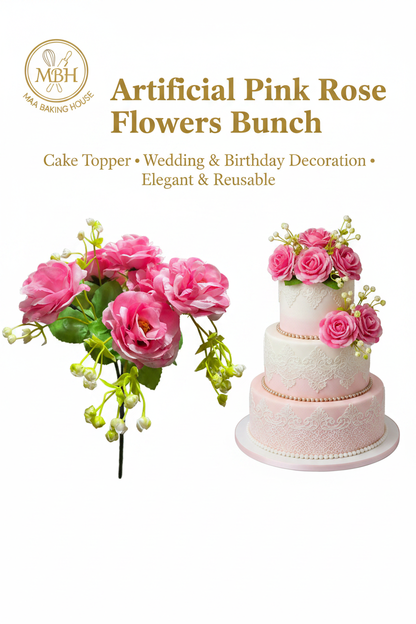 Artificial Pink Rose Flowers Bunch – Cake Topper & Wedding Decoration