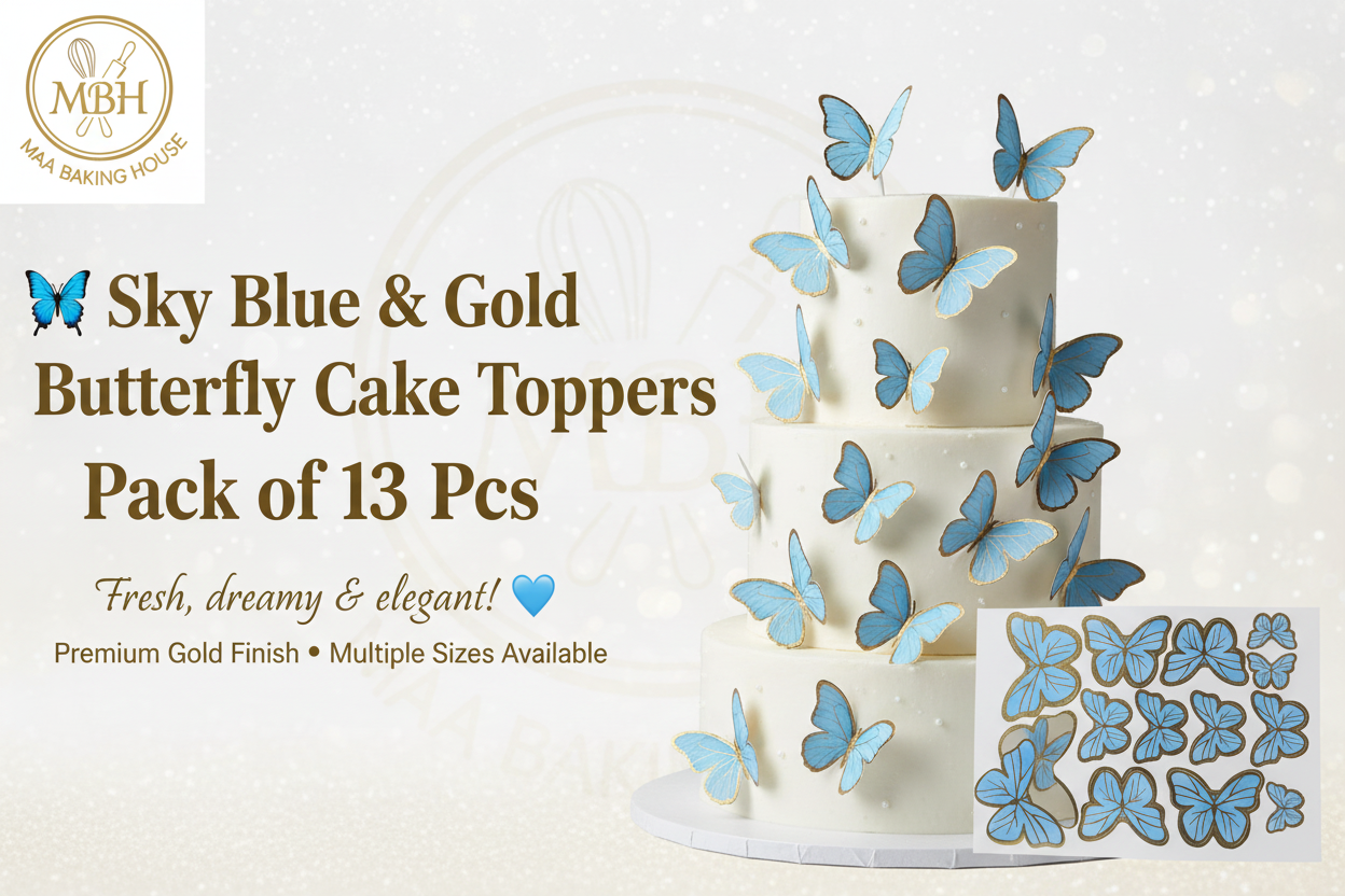 Sky Blue & Gold Butterfly Cake Toppers – Pack of 13 Pcs